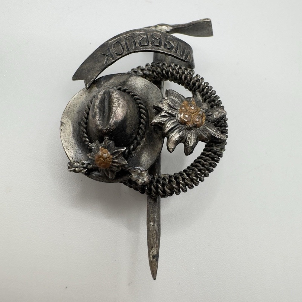Vintage Innsbruck Austria Souvenir Brooch Edelweiss Hat Alpine Silver Tone 60s